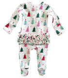 Pink Christmas Tree Ruffle Zip Footie- FINAL SALE