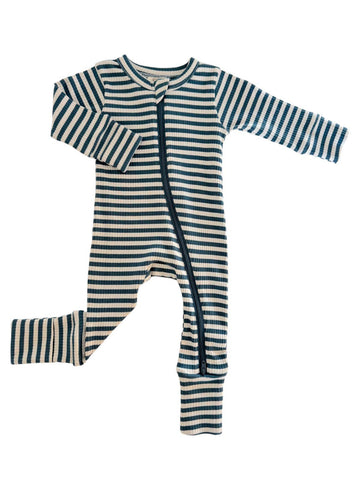 Steel Blue Stripe / Organic Ribbed 2-Way Zip Romper