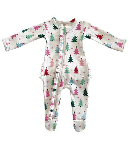 Pink Christmas Tree Ruffle Zip Footie- FINAL SALE