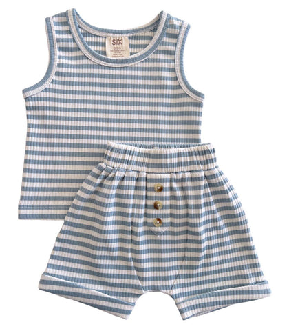 Dusty Blue Stripe / Organic Ribbed Tank & Short Set