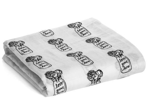 Modern Burlap - Organic Cotton Muslin Swaddle - Peonies ( love grows here)