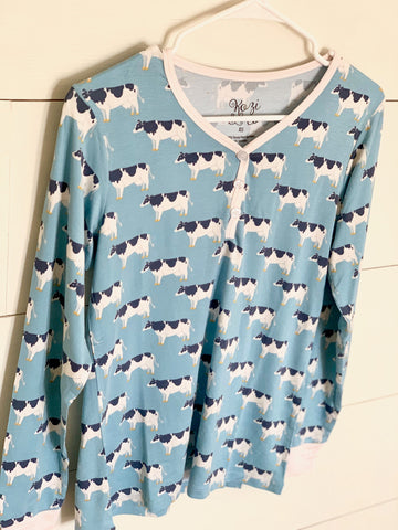 Women's Henley Top - Blue Cows- FINAL SALE