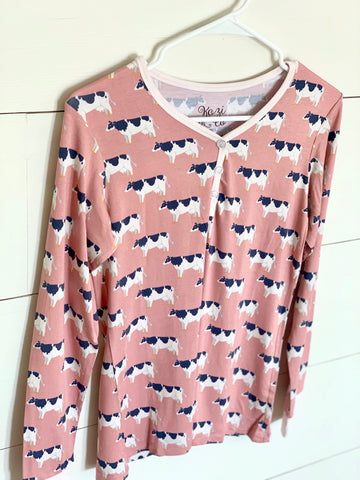 Women's Henley Top - Pink Cows- FINAL SALE