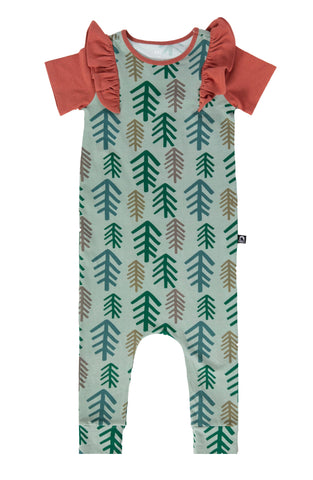 Short Sleeve Ruffle Rag Romper- Simple Trees